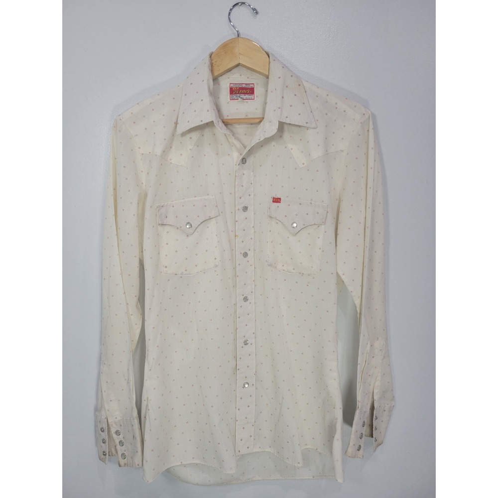 Vintage Ely Plains Mens Western Pearl Snap Shirt White Geometric Print 15.5 x 35